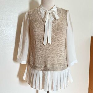 LC Lauren Conrad Beige Knit Vest White Blouse